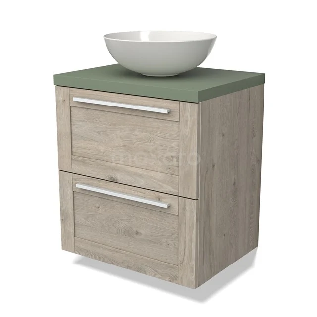 Holz-Badmöbel mit zwei Schubladen, grüner Waschtischplatte und rundem weißen Aufsatzwaschbecken, modernes Design.