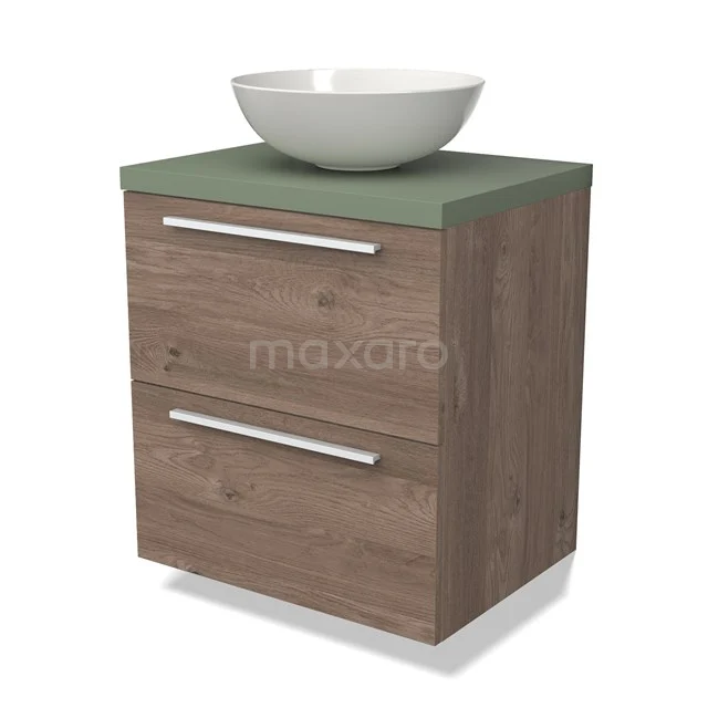 Houten badkamermeubel met een groene wastafelblad en witte opzetkom, strakke metalen handgrepen en twee lades.