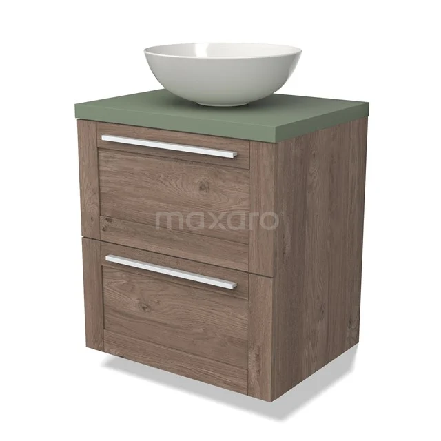 Compact houten badkamermeubel met groen blad, witte opzetwasbak en zilveren handgrepen, ideaal voor moderne badkamers.