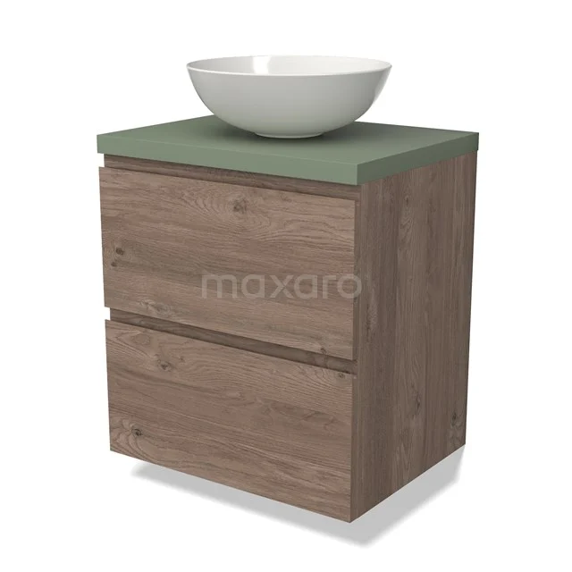 Houten badkamerkast met groene bovenplaat en bijpassende witte komvormige wastafel, ideaal voor moderne badkamerinrichting.
