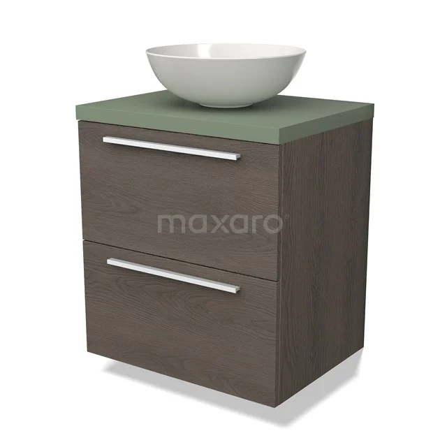 Houten badkamermeubel met twee lades, groene wastafelblad en ronde witte waskom, compact design voor moderne badkamers.