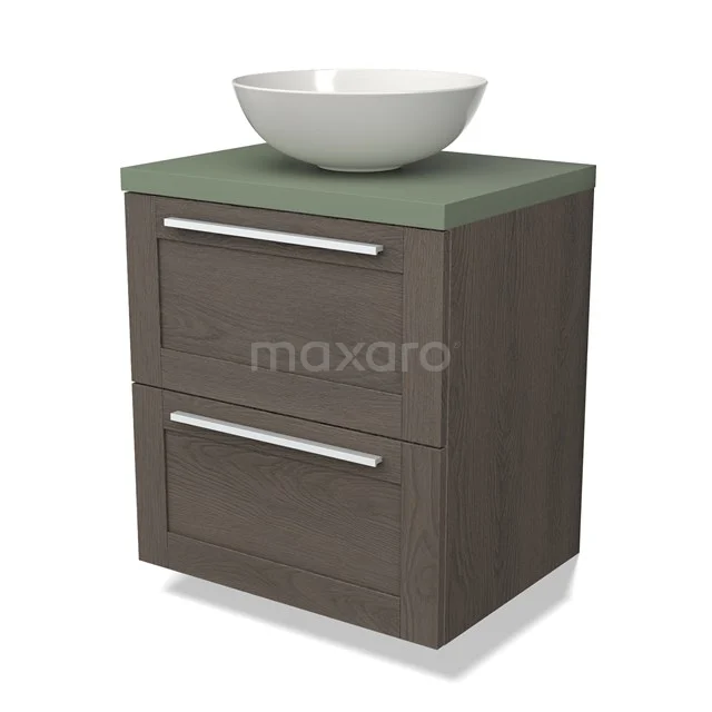 Hanging bathroom unit with countertop wash basin, wood-look dark brown, green worktop, two drawers and Stainless steel handles.