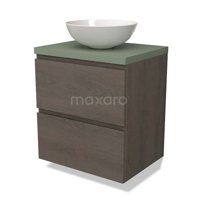 Modulo Plato Vanity units for countertop basin | 60 cm Dark brown oak Handle-less front Sage green worktop 2 Stacked drawers BMK17-02536