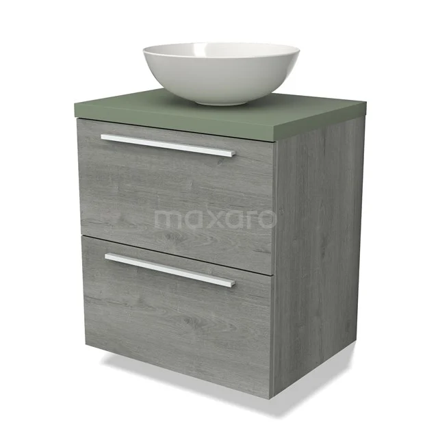 Grijze houten badkamermeubel met twee lades, groene blad en witte waskom, modern ontwerp voor stijlvolle badkamers.