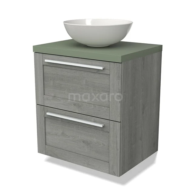 Grijs houten wastafelmeubel met groene bovenkant en witte kom, moderne badkameroplossing met lades voor extra opbergruimte.