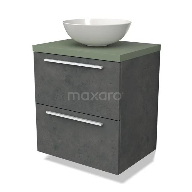 Modulo Plato Vanity units for countertop basin | 60 cm Dark grey concrete Flat front Sage green worktop 2 Stacked drawers BMK17-02540
