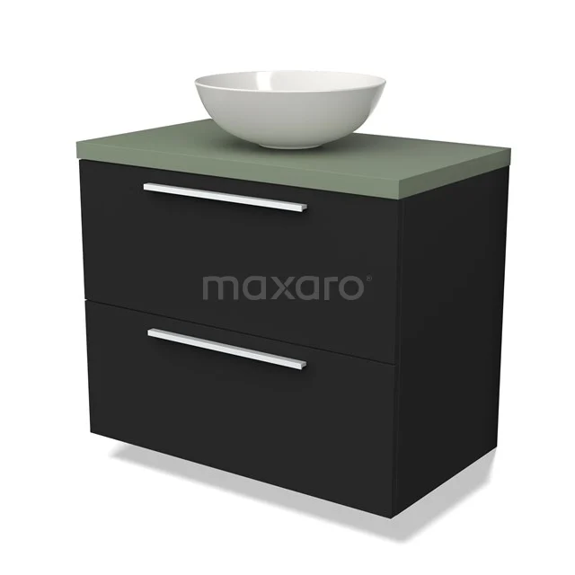 Zwart badkamermeubel met groene wastafelblad en witte komvormige wasbak, modern design met strakke metalen handgrepen.