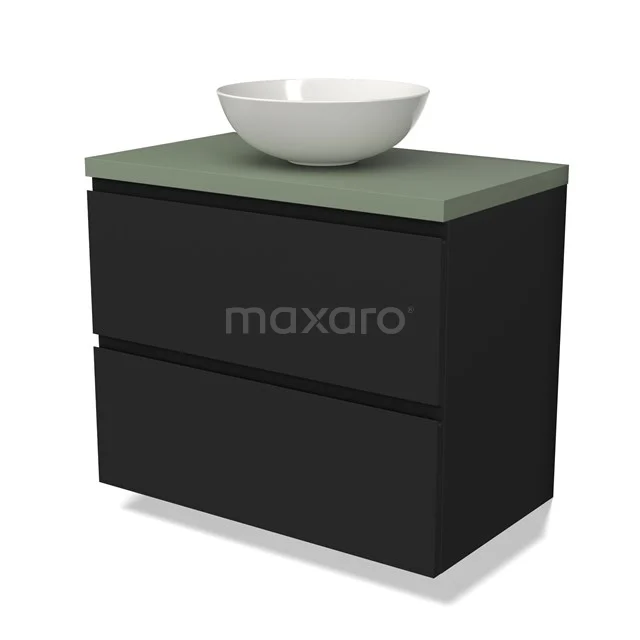 Zwarte badkamerkast met groene mat bovenblad en witte waskom, modern design, ideaal voor een stijlvolle badkamer inrichting.