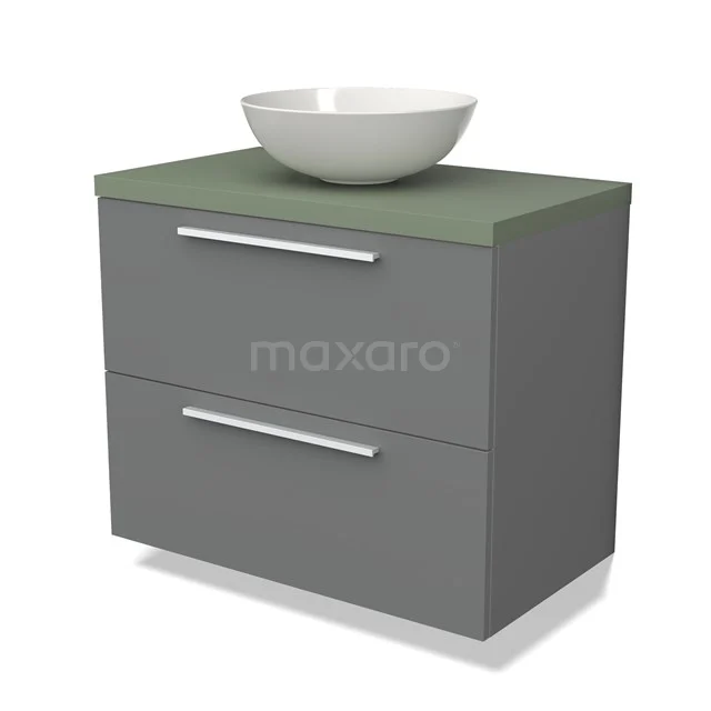 Grijze badkamermeubelset met groene bovenkant en witte komvormige wasbak, modern design met twee lades.