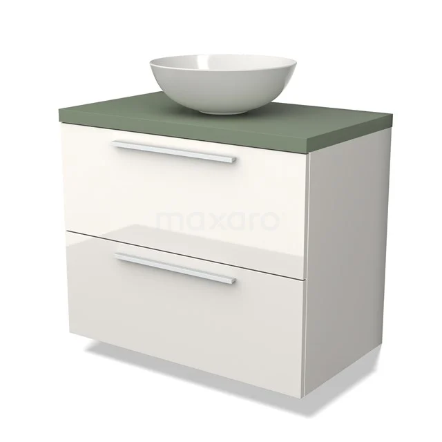 Witte badkamermeubel met groene bovenblad en ronde wastafel, modern ontwerp, ideaal voor compacte badkamers.
