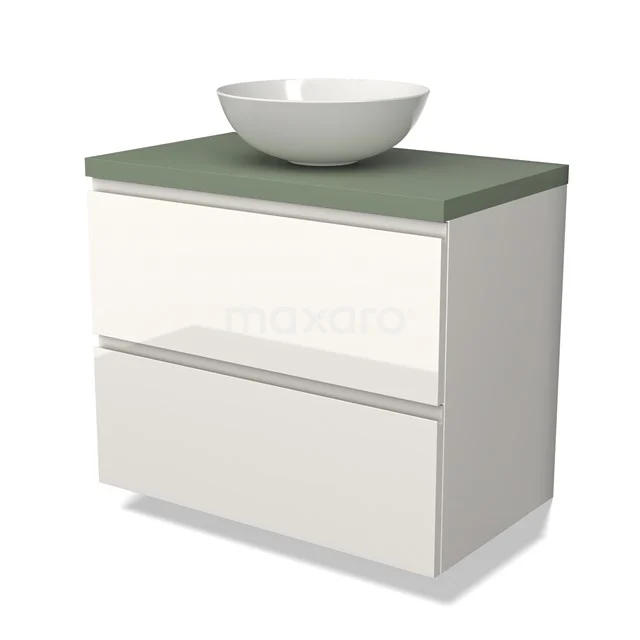 Witte badkamermeubel met twee lades, groen bovenblad en ronde komvormige wastafel bovenop, modern design.