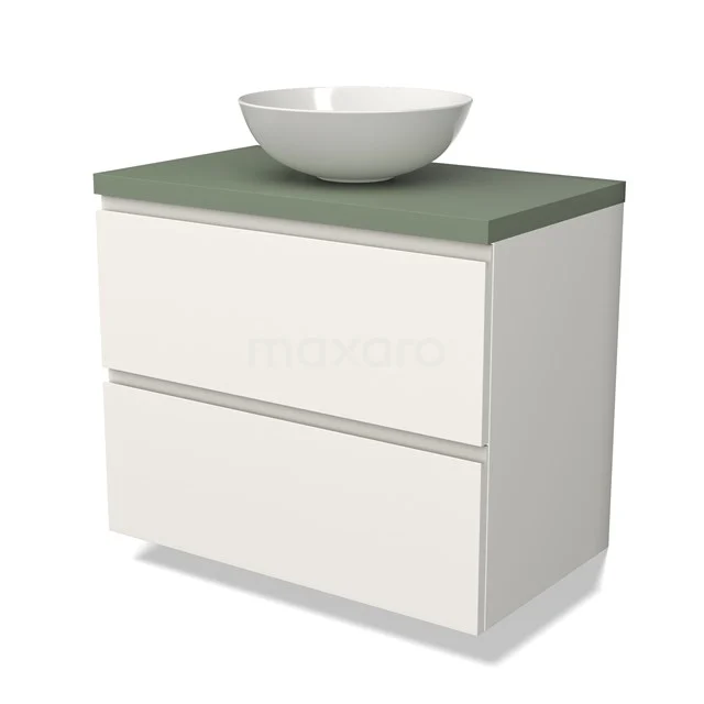 Waschtischunterschrank mit Konsole BMK17-02551 Weißes Badmöbel mit grüner Oberseite, keramischem Aufsatzwaschbecken und zwei Schubladen, ideal für ein modernes Badezimmer.