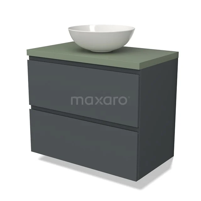 Grijze badkamermeubelset met groene wastafelblad en witte komvormige wasbak, modern design, ideaal voor compacte badkamers.