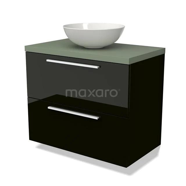 Schwarzes Badmöbel mit grüner Glasplatte und weißem Aufsatzwaschbecken, modernes Design mit zwei Schubladen.
