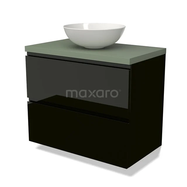 Zwarte badkamermeubel met groene glazen wastafelblad en moderne witte opzetwaskom, strak design en praktische opberglades.