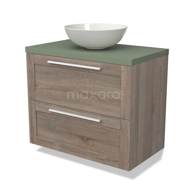 Houten badkamermeubel met twee lades, groen blad en een witte waskom; eigentijds design voor een moderne badkamer.