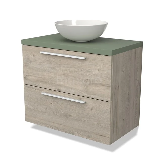 Badkamermeubel houtlook met groene wastafelblad en witte opbouwkom, modern design met 2 lades en zilveren handgrepen.