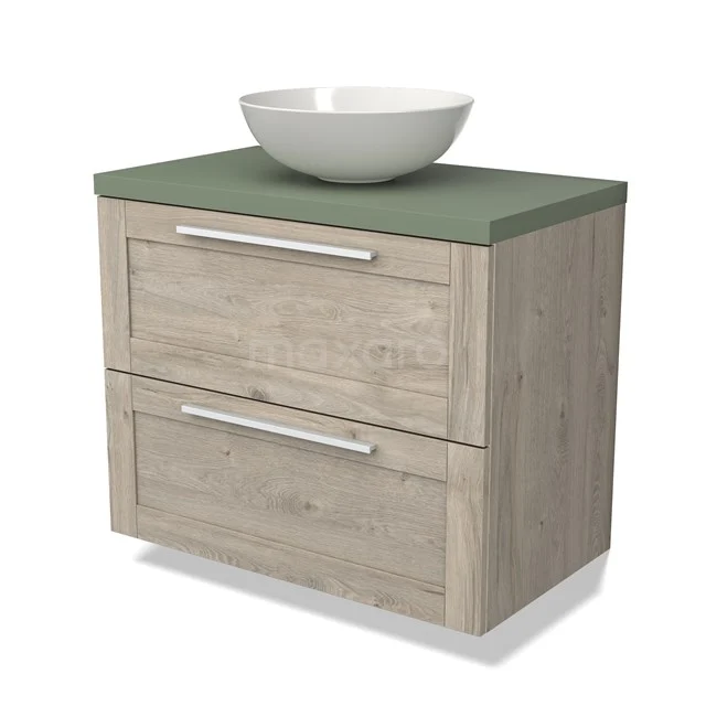 Houten badkamermeubel met twee lades, groene wastafelblad en ronde opzetwastafel, geschikt voor sfeervolle badkamerinrichting.