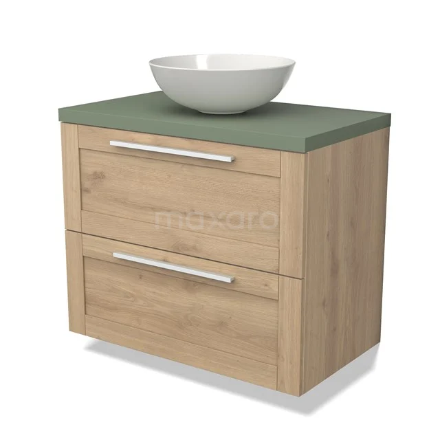 Houten badkamermeubel met groene wastafelblad en witte kom, twee lades en moderne handgrepen, perfect voor een stijlvolle badkamer.