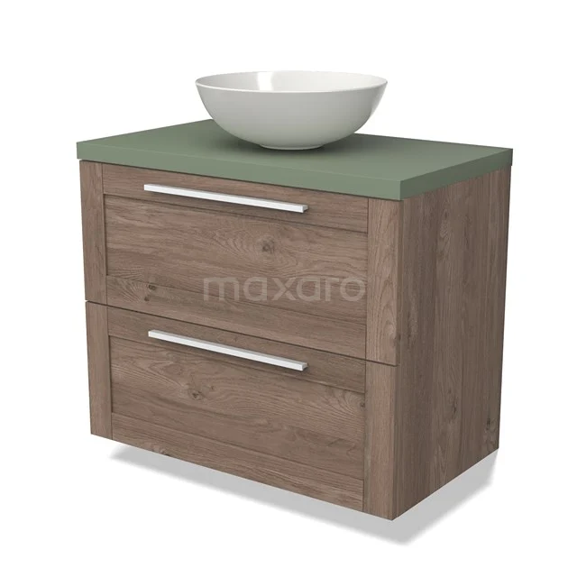 Houten badkamermeubel met twee lades, groene bovenplaat en ronde witte waskom; modern design met metalen handgrepen.