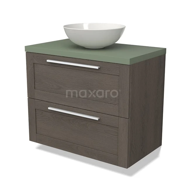 Houten badkamermeubel met een groene wastafelblad en ronde witte waskom, modern design met twee lades.