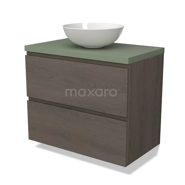 Modulo Plato Vanity units for countertop basin | 80 cm Dark brown oak Handle-less front Sage green worktop 2 Stacked drawers BMK17-02568