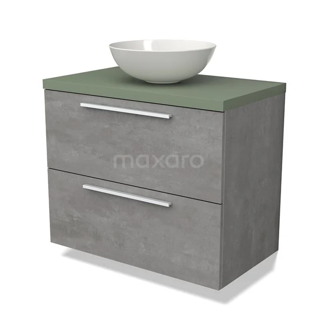 Grijze badkamerkast met betonlook, twee lades, groen blad en witte waskom; moderne stijl voor elke badkamer.