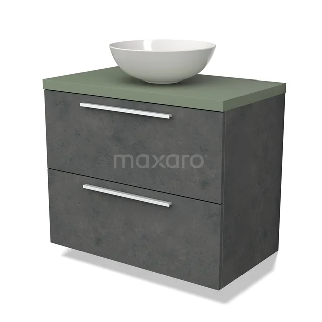 Antraciet badkamermeubel met twee lades, groene betonnen blad en ronde witte wastafel; stijlvol en modern design.