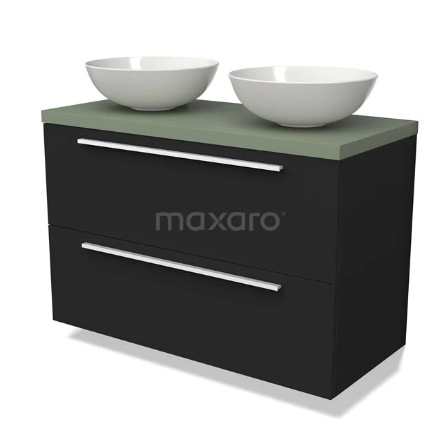 Zwart badkamermeubel met groene bovenblad, twee witte waskommen en brede lades, modern design voor stijlvolle badkamers.