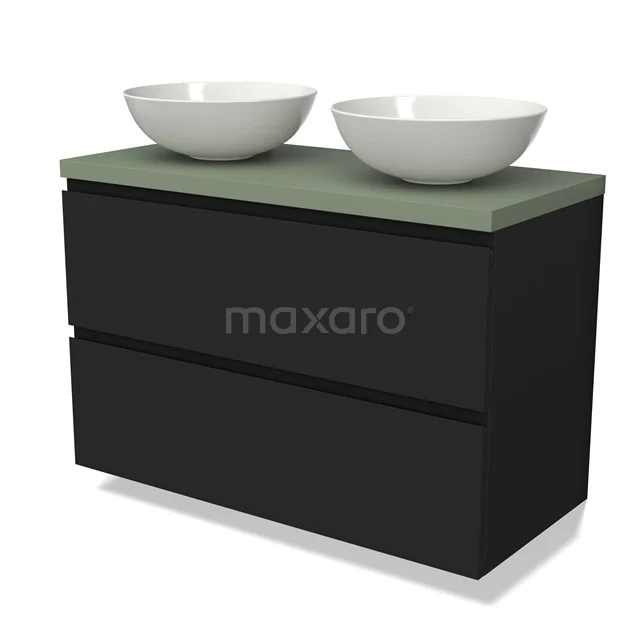 Zwart badkamermeubel met groene wastafelblad en twee ronde witte waskommen, moderne en minimalistische uitstraling.
