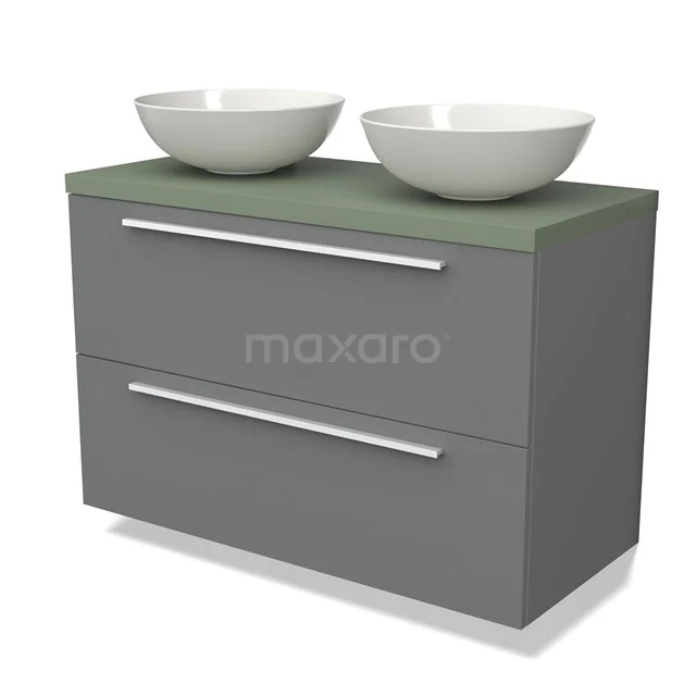 Grijze badkamerkast met groene bovenblad, twee waskommen en chromen handgrepen, ideaal voor een moderne badkamerstijl.