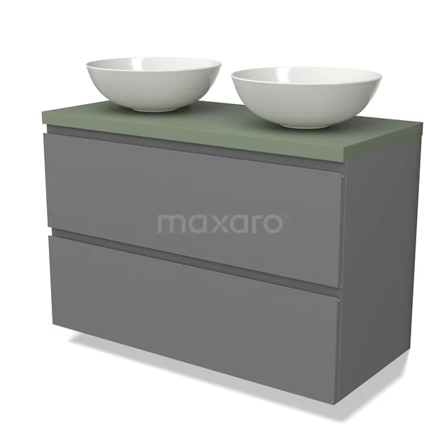 Grijze badkamermeubelset met matgroen blad, twee ronde wastafels en strakke lades, modern en functioneel design.