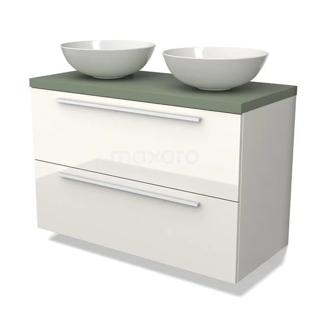 Wit badkamermeubel met twee ronde waskommen, groene blad, brede lades en strak design, perfect voor moderne badkamers.