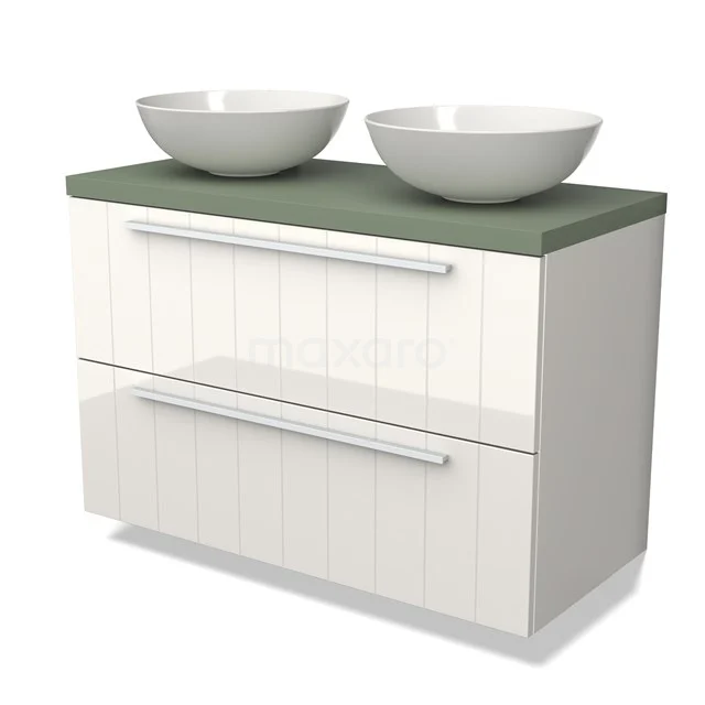 Weißes Badezimmermöbel mit zwei runden Aufsatzwaschbecken, grüner Platte und modernen horizontalen Griffen.