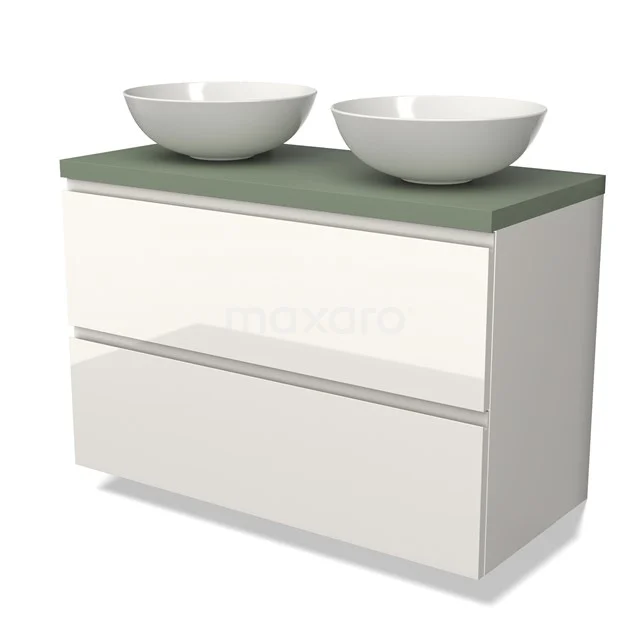 Modern weißes Badezimmermöbel mit grüner Oberplatte und doppeltem Aufsatzwaschbecken, schlankes Design für eine stilvolle Badezimmergestaltung.