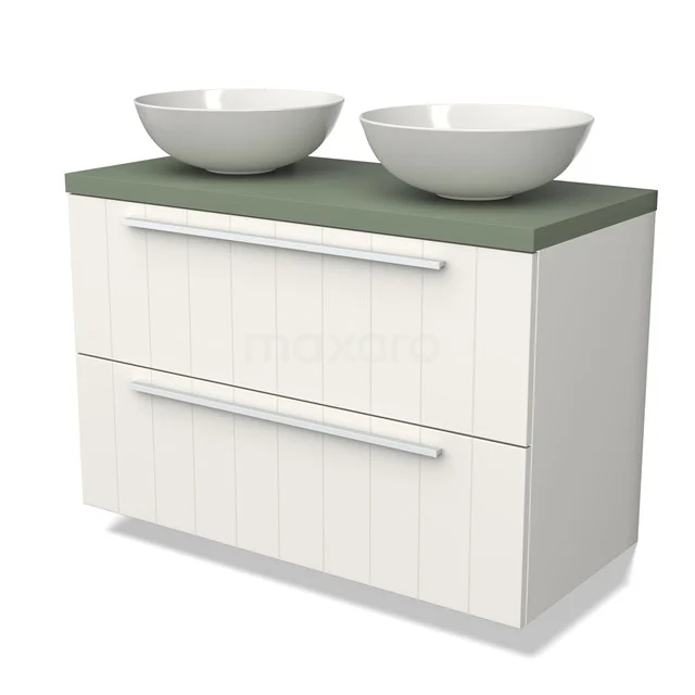 Waschtischunterschrank mit Konsole BMK17-02582 Weißes Badmöbel mit grünem Platte, doppelten runden Aufsatzwaschbecken und grifflosen Schubladen, modernes Design für stilvolle Bäder.