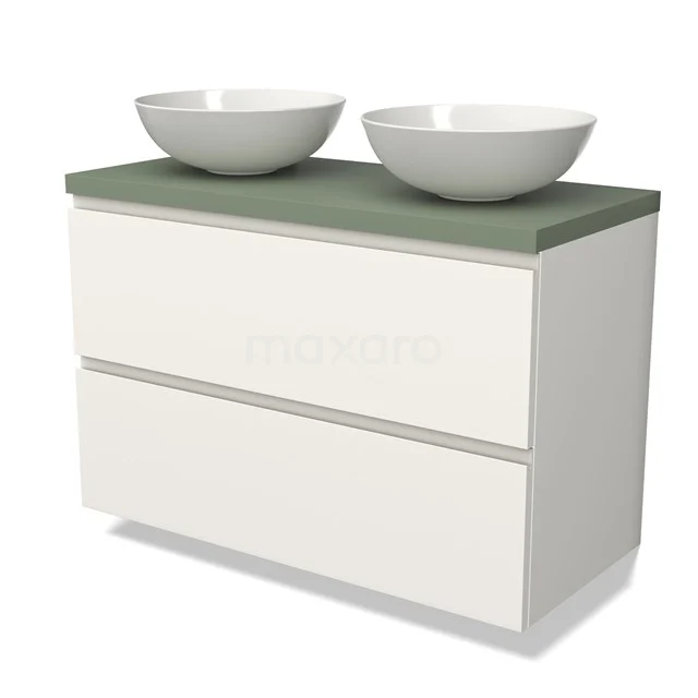 Wit badkamermeubel met twee ronde wastafels, groene bovenblad, 2 lades en modern design, ideaal voor een stijlvolle badkamer.