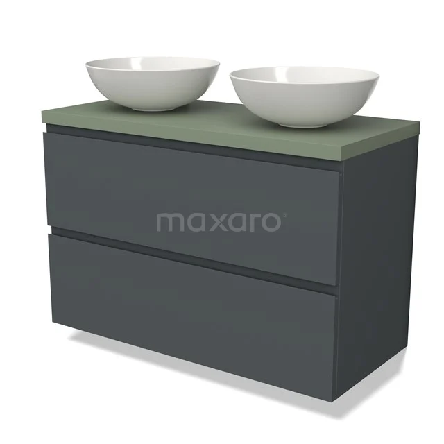 Donkergrijze badkamermeubelset met twee witte waskommen en groen blad, modern design en ruime opberglades.