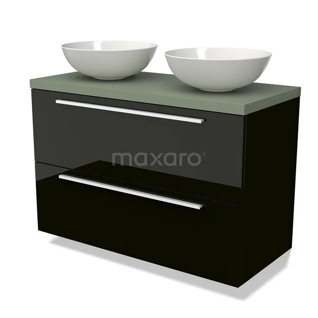 Zwart-wit badkamermeubel met groen glazen blad, twee ronde keramische waskommen en chromen grepen, modern en strak design.