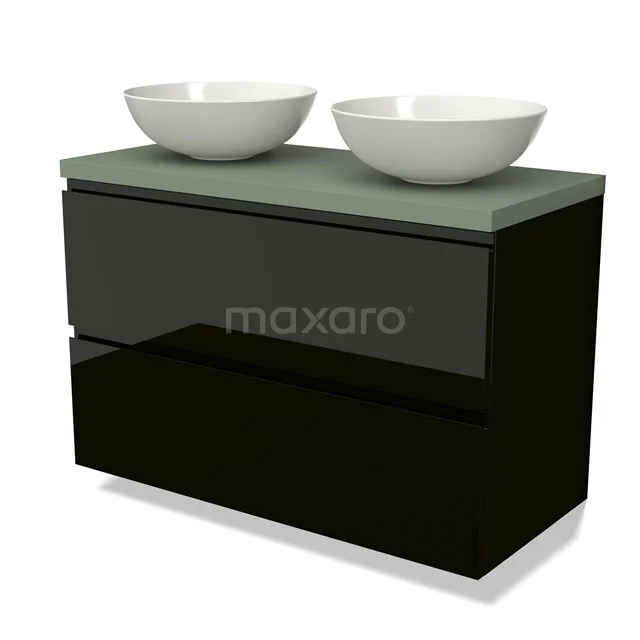 Zwart glanzend badkamermeubel met groene bovenblad en twee witte kommen, modern design met dubbele opbergruimte.