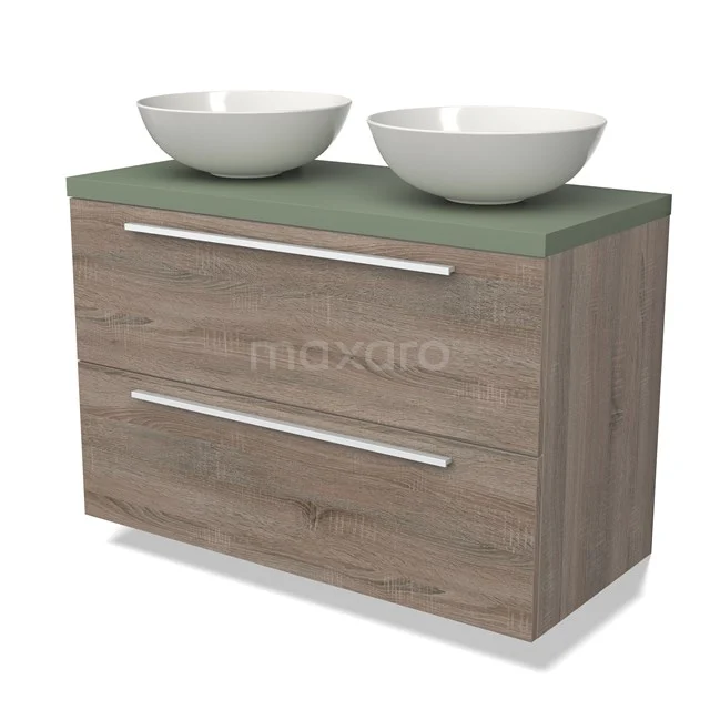 Houten badkamermeubel met groene blad, dubbele waskommen en zilverkleurige handgrepen. Modern design, perfect voor elke badkamer.