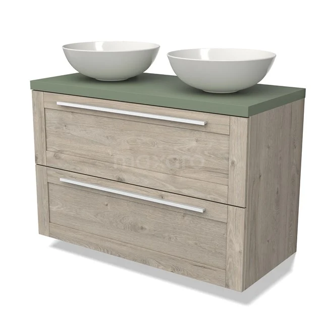 Houten badkamermeubel met groene wastafelblad, twee witte ronde waskommen en dubbele lades, ideaal voor stijlvolle badkameropslag.