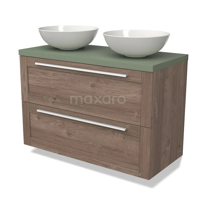 Houten badkamermeubel met twee ronde wastafels, groene blad, en metalen handgrepen, ideaal voor moderne badkamers.