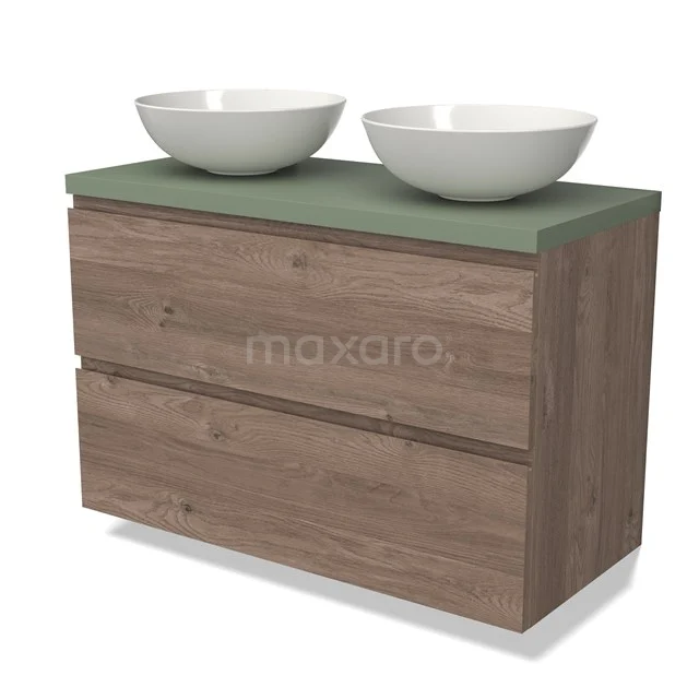 Badmöbel Holzoptik, grünes Blatt, doppelte weiße Aufsatzwaschbecken, modernes Design, ideal für stilvolle Badezimmergestaltung.