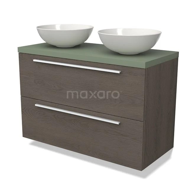 Houten badkamermeubel met donkergroene wastafel en twee witte kommen, strak design, ideaal voor een moderne badkamer.