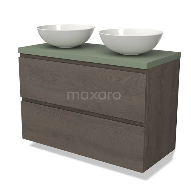 Modulo Plato Vanity units for countertop basin | 100 cm Dark brown oak Handle-less front Sage green worktop 2 Stacked drawers BMK17-02600