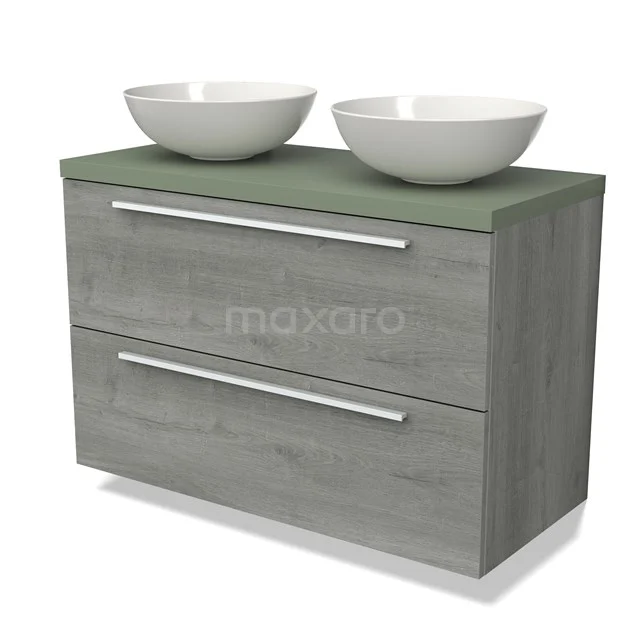 Grijze houten badkamermeubel met mat groene bovenkant en dubbele witte waskom, ideaal voor een moderne badkamerstijl.