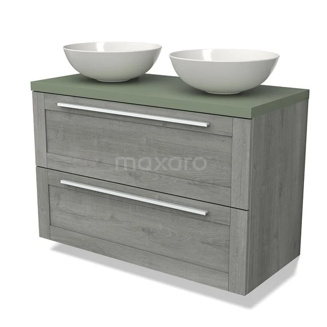 Grey wooden bathroom unit with two drawers, green worktop and white vanity units for countertop wash basin, ideal for a modern bathroom style.