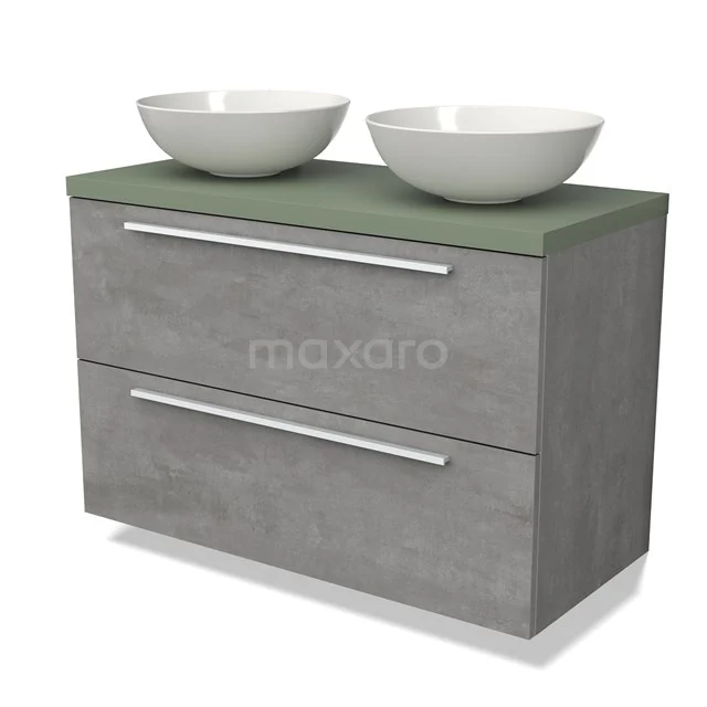 Grijze badkamermeubelset met twee witte waskommen, matgroen blad en moderne lades, perfect voor een strakke badkamerstijl.
