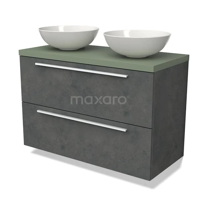 Antraciet badkamermeubel met twee witte waskommen, groen blad en strakke zilveren handgrepen, moderne en stijlvolle look.
